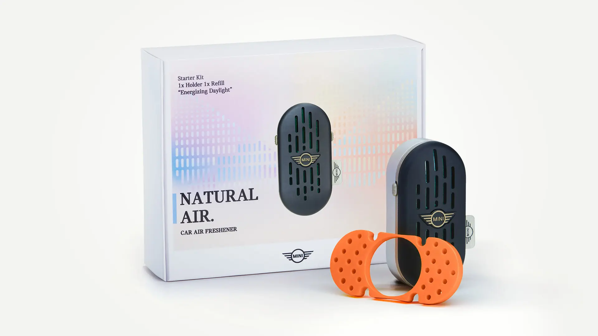 Pakkauskuva MINI Natural Air -auton ilmanraikastimen aloitussarjasta, joka sisältää tuoksupidikkeen ja tikun.