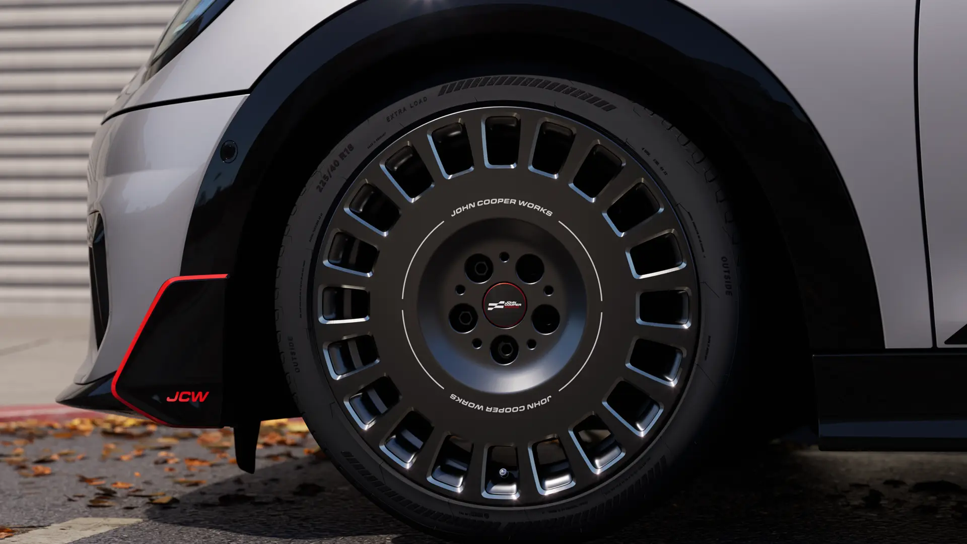 MINI John Cooper Works ‑kevytmetallivanne – hyväksytyillä, tähtimerkityillä renkailla. 