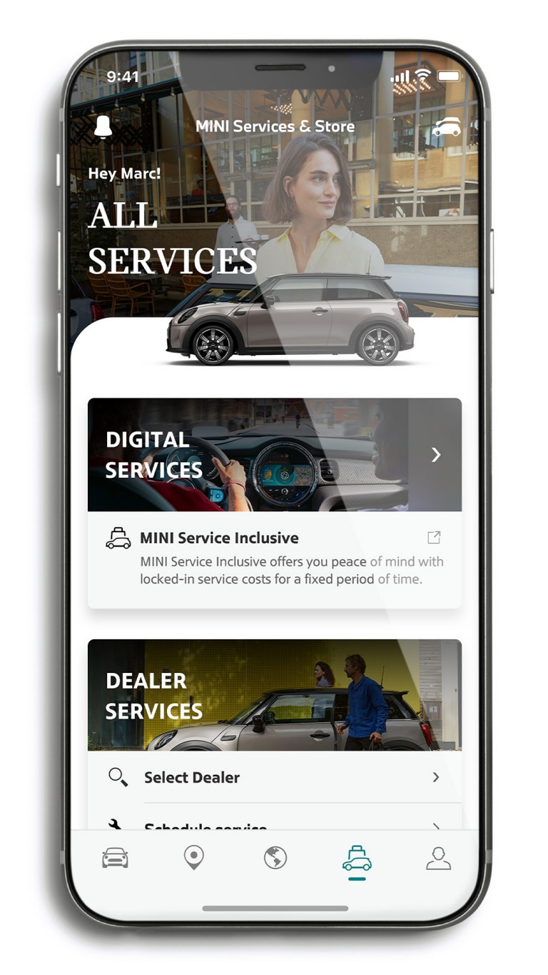 mini connected – mini-sovellus – hallinnoi kaikkia palveluita